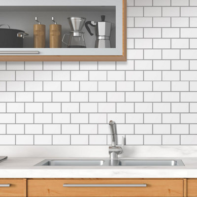 Walplus 40 Pieces 30.5 x 15.4 cm Pure White Grey Peel and Stick 3D Wall Tiles Sticker Adhesive Stick on Tiles for Backsplash