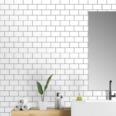 Walplus 40 Pieces 30.5 x 15.4 cm Pure White Grey Peel and Stick 3D Wall Tiles Sticker Adhesive Stick on Tiles for Backsplash