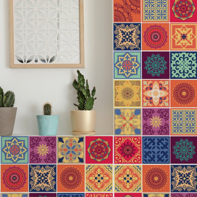 Walplus 48Pcs Tera Mandala Mediterranean Peel and Stick 3D Wall Tiles Sticker Adhesive Stick on Tiles for Backsplash 15x15cm