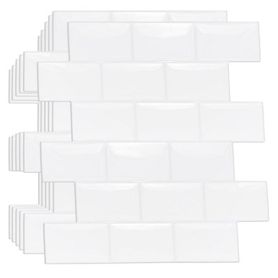Walplus 60 Pieces 30.5 x 15.4 cm Pure White Glossy Peel and Stick 3D Wall Tiles Sticker Adhesive Stick on Tiles for Backsplash