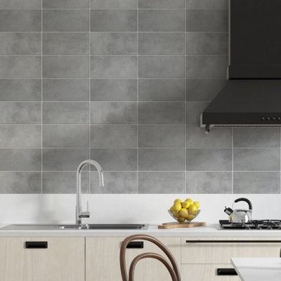 Walplus 60Pcs Ash Limestone 2D Peel and Stick Wall Tiles Sticker Adhesive Stick on Tiles for Backsplash 28.5 x 14cm