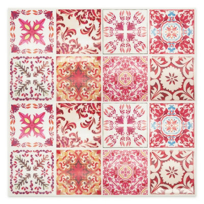 Walplus 64Pcs 15.4x15.4 Moroccan Rose Red Mosaic Peel and Stick Wall Tiles Sticker Adhesive Stick on Tiles for Backsplash Kitchen