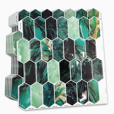 Walplus 6Pcs Green Hexagon Honeycomb Peel and Stick  3D Wall Tiles Sticker Self Adhesive Stick on Tiles for Kitchen 30.5 x 30.5 cm