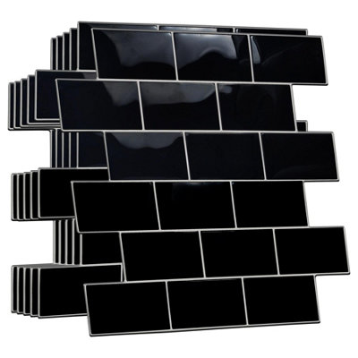 Walplus 80Pcs Black Metro Subway 3D Peel and Stick Wall Tile Stickers - 30.5x15.4cm Adhesive Stick on Tiles for Bathroom & Kitchen