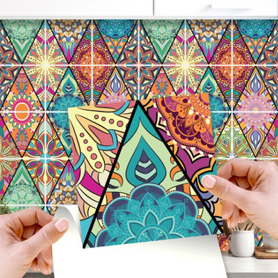 Walplus 96Pcs Colourful Floral Mandala Peel and Stick Wall Tiles Sticker - Adhesive Stick on Tiles for Backsplash 15x15 cm