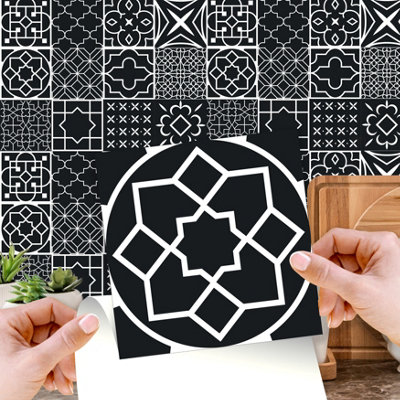 Walplus Arabic Black and Silver Metallic Peel and Stick Wall Tiles Sticker - 48Pcs Self Adhesive Stick on Tiles for Kitchen