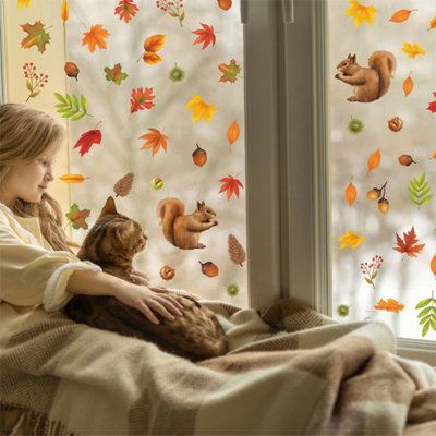 Walplus Autumn Leaves With Squirrel Window Clings - Double-Sided Fall ...