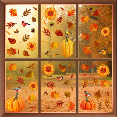 Walplus Autumn Leaves With Sunflowers Window Clings - Double-Sided Fall Window Stickers for Glass, 3 Sheets, 84 Clings PVC