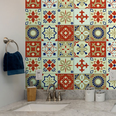 Carrelage Autocollant Orange Et Beige Marocain, 24 Pièces 15X15Cm