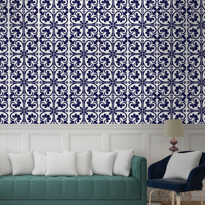Walplus Betsy Monocromatic Blue Victorian Peel and Stick Wall Tiles Stickers - 24Pcs Self Adhesive Stick on Tiles 15x15cm