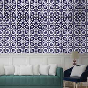 Walplus Betsy Monocromatic Blue Victorian Peel and Stick Wall Tiles Stickers - 24Pcs Self Adhesive Stick on Tiles 15x15cm