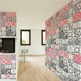 Walplus Black and Red Vintage Azulejo Combo Mix Tile Stickers