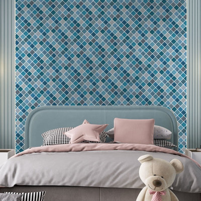 Walplus Blue And Grey Mosaic 2D Peel and Stick Wall Tiles Sticker 12Pcs Self Adhesive Stick on Tiles for Kitchen (28.5x14cm)