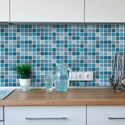 Walplus Blue And Grey Mosaic 2D Peel and Stick Wall Tiles Sticker 36Pcs Self Adhesive Stick on Tiles for Kitchen (28.5x14cm)