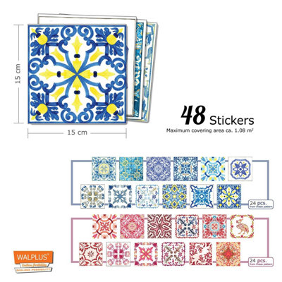 Walplus Blue and Red Vintage Combo Mix Tile Stickers
