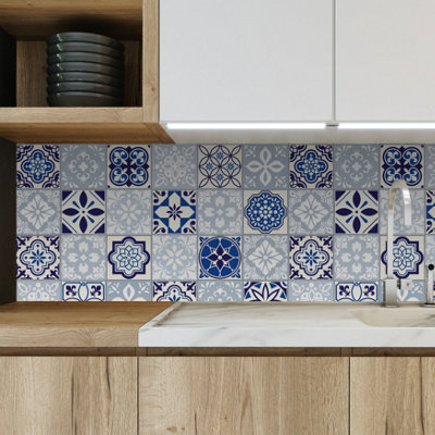 Walplus Blue Grace Mediterrranean Combo Peel and Stick Wall Tiles Sticker - 48Pcs Self Adhesive Stick on Tiles for Kitchen