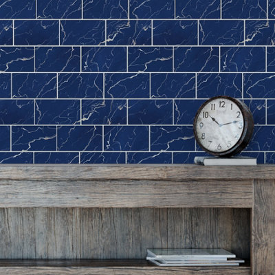 Walplus Blue Marble Metro Flat 2D Peel and Stick Wall Tiles Stickers - 24Pcs 28.5x14cm Self Adhesive Stick on Tiles for Kitchen