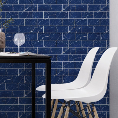 Walplus Blue Marble Metro Flat 2D Peel and Stick Wall Tiles Stickers - 24Pcs 28.5x14cm Self Adhesive Stick on Tiles for Kitchen