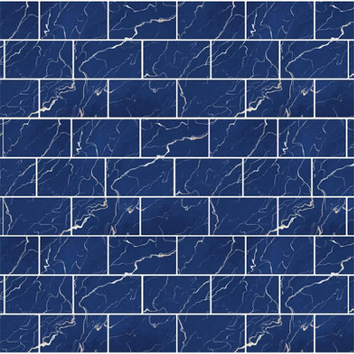 Walplus Blue Marble Metro Flat 2D Peel and Stick Wall Tiles Stickers - 24Pcs 28.5x14cm Self Adhesive Stick on Tiles for Kitchen