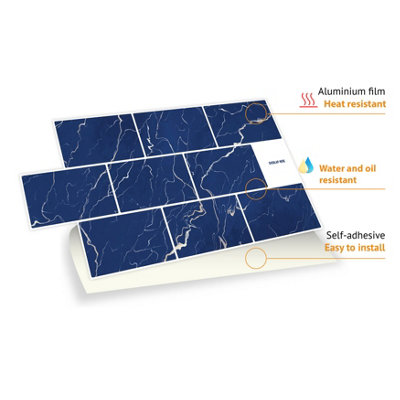 Walplus Blue Marble Metro Flat 2D Peel and Stick Wall Tiles Stickers - 24Pcs 28.5x14cm Self Adhesive Stick on Tiles for Kitchen