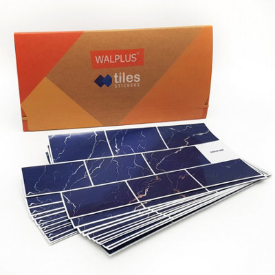 Walplus Blue Marble Metro Flat 2D Peel and Stick Wall Tiles Stickers - 24Pcs 28.5x14cm Self Adhesive Stick on Tiles for Kitchen