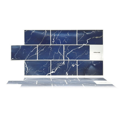 Walplus Blue Marble Metro Flat Peel and Stick Wall 2D Tiles Sticker - 48Pcs Self Adhesive Stick on Tiles for Kitchen 28.5x14 cm