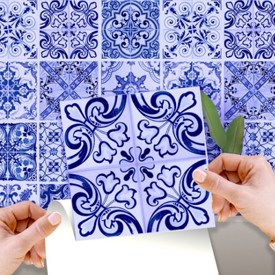 Walplus Blue Turkish Mediterranean Peel and Stick Wall Tiles Sticker - 24Pcs 15x15cm Self Adhesive Stick on Tiles
