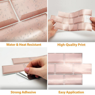 Walplus Blush Pink Subway Brick Tile Stickers 2D Multipack 48Pcs - 4