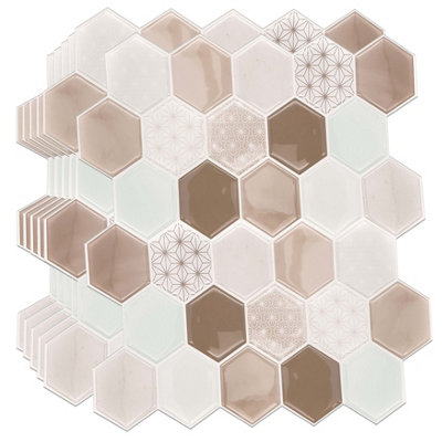 Walplus Brown Hexa Peel and Stick Wall 3D Tiles Stickers - 36Pcs Self Adhesive Stick on Tiles for Kitchen - 30 x 15 cm