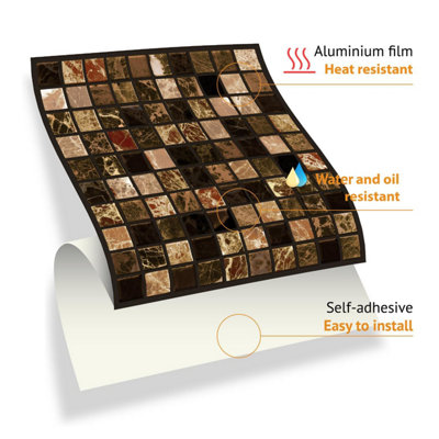 Walplus Brown Marble Mosaic Metallic Tile Stickers Multipack 72Pcs