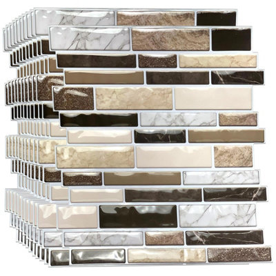 Walplus Brown Stone Glossy Peel and Stick Wall 3D Tiles Stickers - 10Pcs 30.5 x 30.5cm Self Adhesive Stick on Tiles for Kitchen