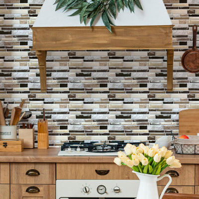 Walplus Brown Stone Glossy Peel and Stick Wall 3D Tiles Stickers - 10Pcs 30.5 x 30.5cm Self Adhesive Stick on Tiles for Kitchen