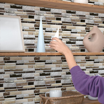 Walplus Brown Stone Glossy Peel and Stick Wall 3D Tiles Stickers - 10Pcs 30.5 x 30.5cm Self Adhesive Stick on Tiles for Kitchen