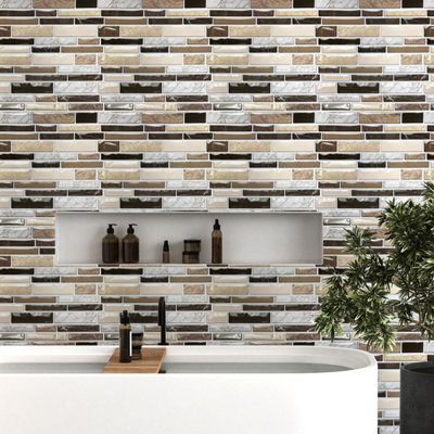 Walplus Brown Stone Glossy Peel and Stick Wall 3D Tiles Stickers - 10Pcs 30.5 x 30.5cm Self Adhesive Stick on Tiles for Kitchen