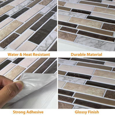 Walplus Brown Stone Glossy Peel and Stick Wall 3D Tiles Stickers - 10Pcs 30.5 x 30.5cm Self Adhesive Stick on Tiles for Kitchen