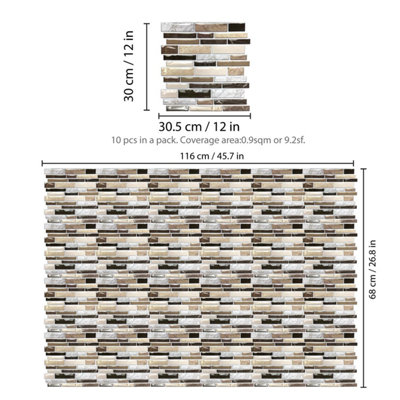 Walplus Brown Stone Glossy Peel and Stick Wall 3D Tiles Stickers - 10Pcs 30.5 x 30.5cm Self Adhesive Stick on Tiles for Kitchen