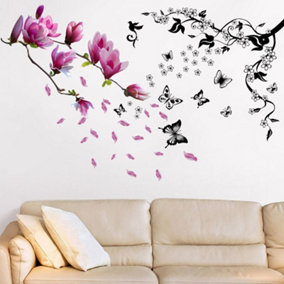 Walplus Butteflies Vines with Colorful Magnolia Flowers Decals Home Decorations