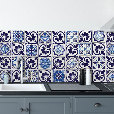 Walplus Cala Blue Mediterranean Mix Peel and Stick Wall Tiles Sticker 48Pcs Self Adhesive Stick on Tiles for Kitchen 15x15cm