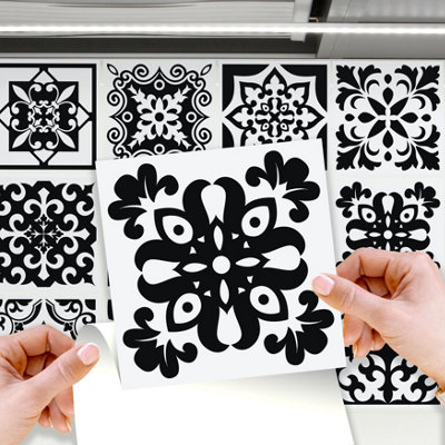 Walplus Calli Black and White Mediterranean Peel and Stick Wall Tiles Sticker Mix - 24Pcs Self Adhesive Stick on Tiles for Kitchen