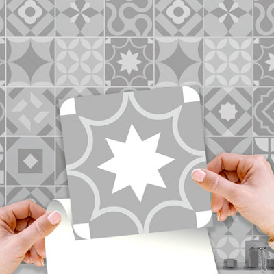 Walplus Campbell Cement Light Grey Retro Peel and Stick Wall Tiles Sticker - 24 Pieces 15x15cm Self Adhesive Stick on Tiles