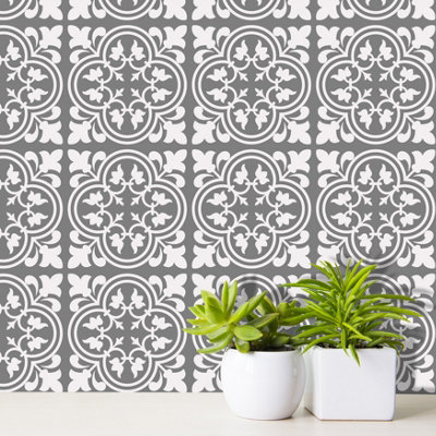Walplus Cement Antique Floral Tulip Peel and Stick Wall Tiles Sticker Adhesive Stick on Tiles for Backsplash Grey 24 Pcs 15x15cm