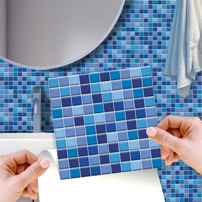 Walplus Classic Blue Mini Mosaic Peel and Stick Wall Tiles Stickers - 72Pcs Adhesive Stick on Tiles for Kitchen 15x15cm (6in)