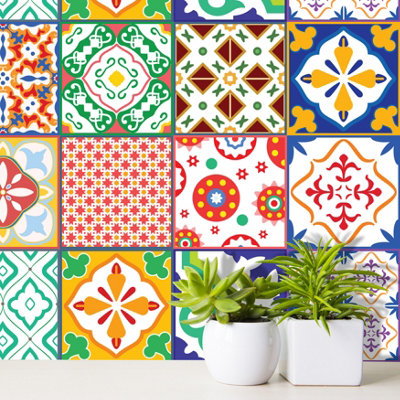 Walplus Classic Mediterranean Colourful Peel and Stick Wall Tiles Sticker - 24Pcs Self Adhesive Stick on Tiles for Kitchen 15x15cm