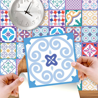 Walplus Classic Moroccan Colourful Peel and Stick Wall Tiles Sticker Adhesive Stick on Tiles for Backsplash 24 Pcs 15x15cm