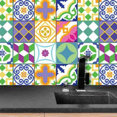 Walplus Classic Spanish Colourful Mixed Peel and Stick Wall Tiles Sticker - 24Pcs Adhesive Stick on Tiles for Kitchen 15 x 15cm