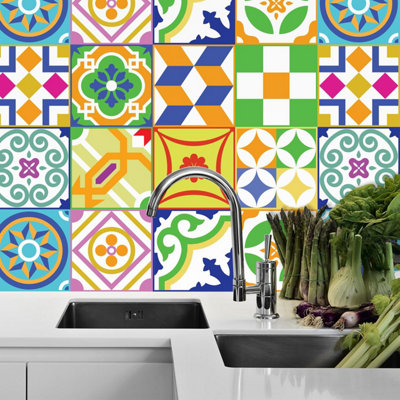 Walplus Classic Spanish Colourful Peel and Stick Wall Tiles Sticker - 24Pcs Self Adhesive Stick on Tiles for Kitchen 15x15cm