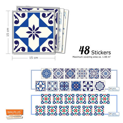 Walplus Cobalt Blue Vintage Combo Mix Tile Stickers