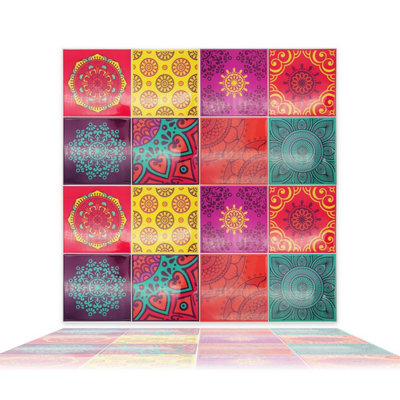 Walplus Colourful Mandala Spanish 3D Peel and Stick Wall Tiles Sticker 32Pcs Self Adhesive Stick on Tiles for Kitchen 15x15cm