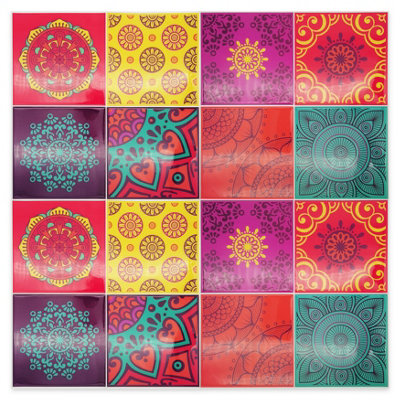 Walplus Colourful Mandala Spanish 3D Peel and Stick Wall Tiles Sticker 80Pcs Self Adhesive Stick on Tiles for Kitchen 15x15cm
