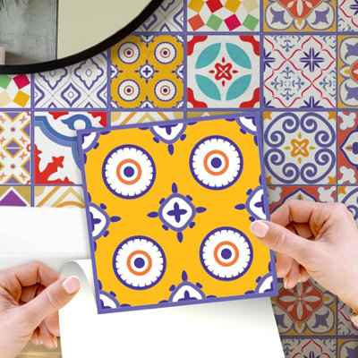 Walplus Colourful Moroccan Peel and Stick Wall Tiles Sticker - 24Pcs Self Adhesive Stick on Tiles for Kitchen Backsplash